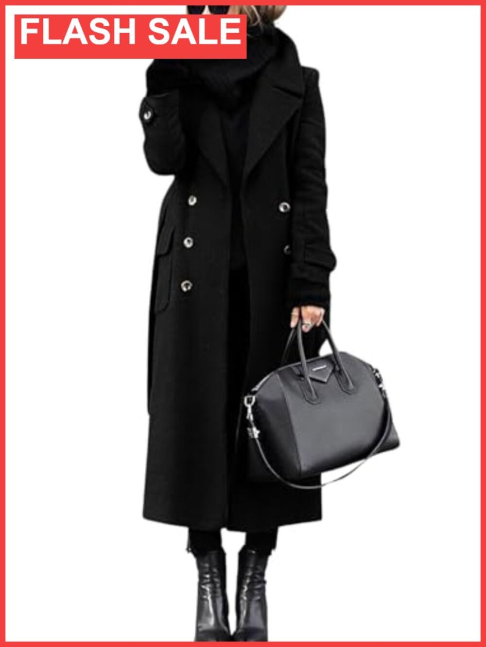 Women's Double Breasted Wool Pea Coat Belted Midi Winter Overcoat